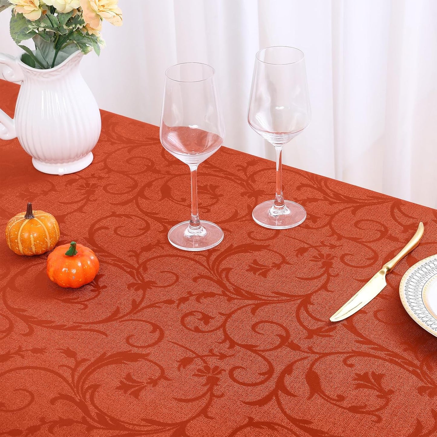 Rectangle Thanksgiving Tablecloth, Waterproof Jacquard Fall Table Cloth, Damask Cloth Table Cover for Harvest Decor (60" X 84", Rust Vine Pattern)