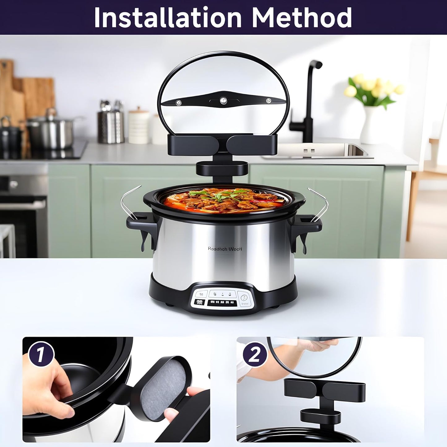 Crock Pot Lid Holder with Fast-Drying Diatomite Stone - Universal Fit for Most Slow Cookers, Space-Saving Cooking Accessory in Black