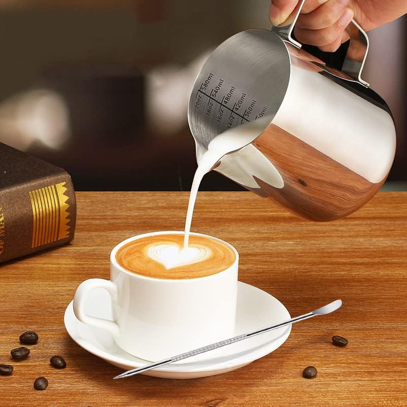 Milk Frothing Pitcher, 2Pcs, 350Ml & 600Ml, Milk Frother Cup Stainless Steel Jug Steaming Pitcher, Milk Coffee Cappuccino Latte Art Barista Steam Pitchers Milk Jug Cup with Decorating Pen