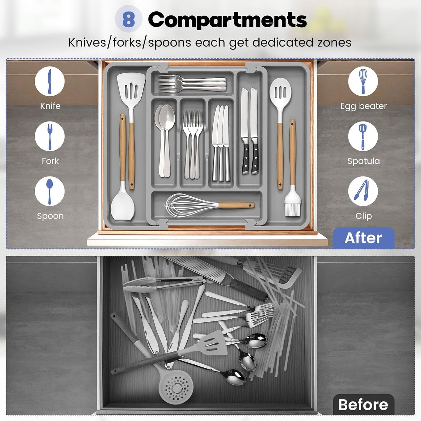 Expandable Large Silverware Organizer for Kitchen Drawers - BPA-Free Thick Plastic with Wider Compartments and Non-Skid Feet (Medium Gray)