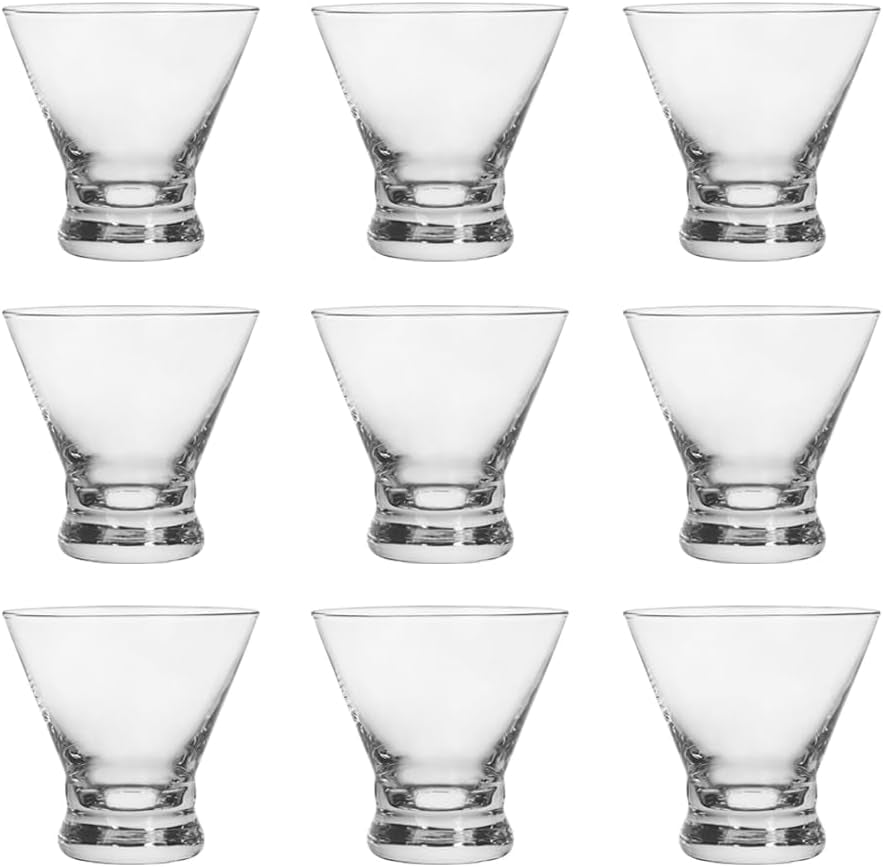 Set of 9 Martini Glasses - 8-Ounce Cinched Design Cocktail Glasses with Heavy Base, Stemless Construction for Stability - Sturdy and Elegant Cosmopolitan Bar Glasses (Glass, Clear9Pcs)