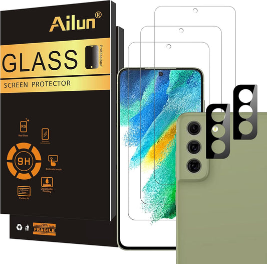 Glass Screen Protector for Galaxy S21Fe 3Pack + 2Pack Camera Lens Tempered Glass Fingerprint Unlock Compatible 0.33Mm Ultra Clear Anti-Scratch Case Friendly