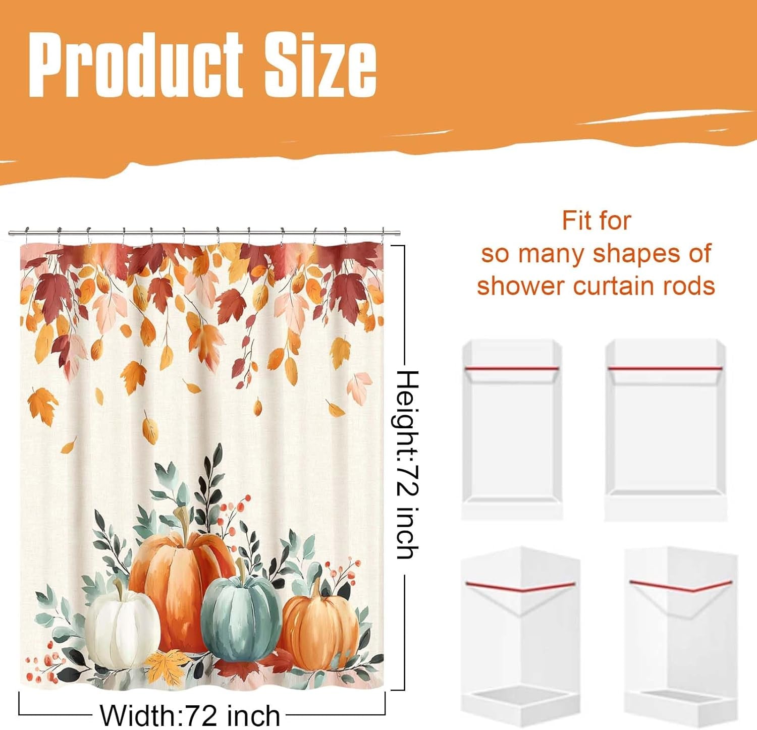Fall Thanksgiving Shower Curtain, Waterproof Printed Harvest Autumn Floral Pumpkin Bathroom Curtain Decor, Farmhouse Halloween Shower Curtains for Bathroom, 72X72 Inch