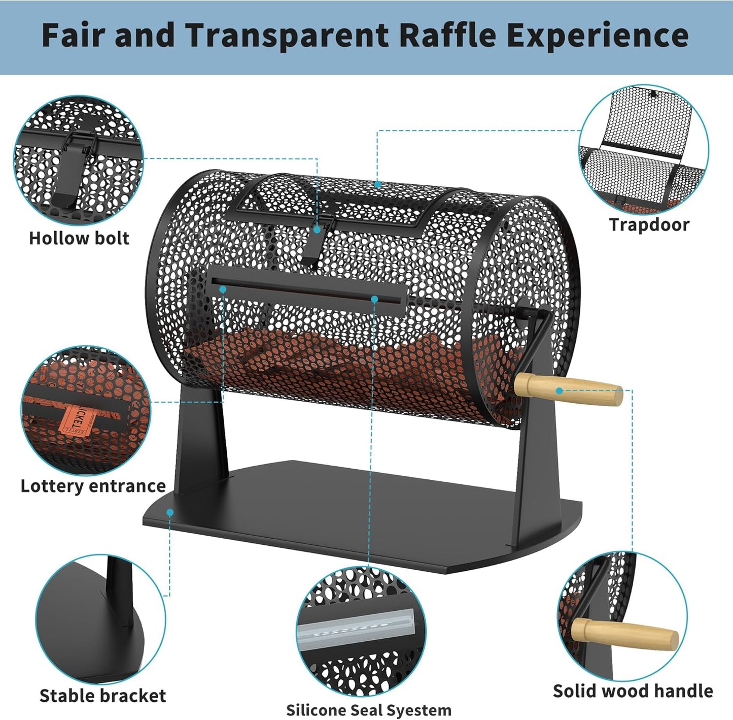 Professional Raffle Drum with Wooden Handle, Capacity for 2500 Tickets (Black)