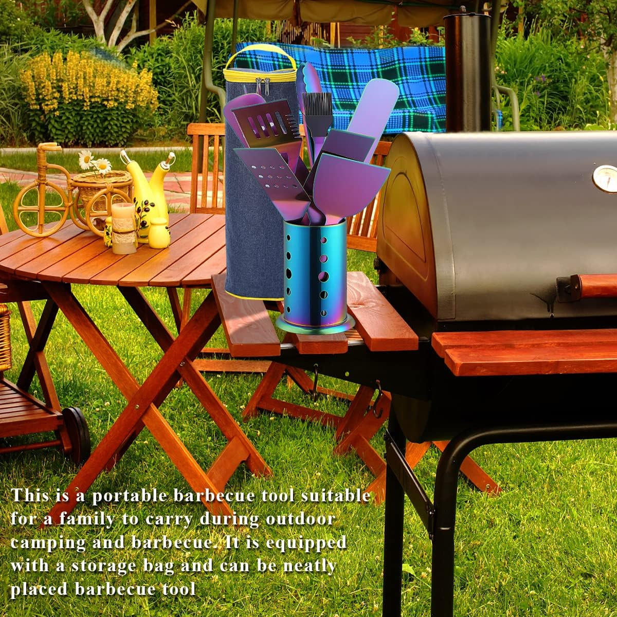 Premium 10-Piece Rainbow Grill Accessories Kit with Utensils Holder, Featuring Stainless Steel Handles and Heat-Resistant Bakelite Components