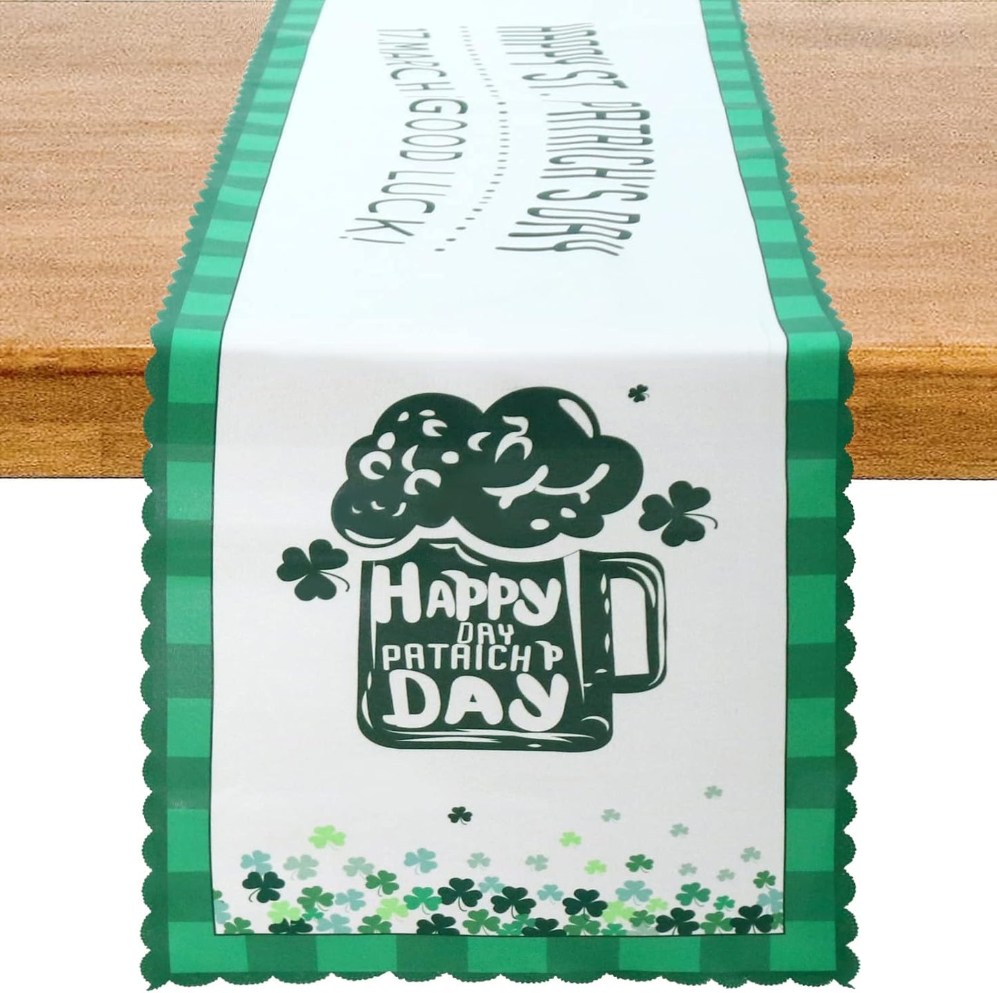St Patricks Day Table Runner - 14 X 108 Inches Green Shamrock Table Runner for Indoor Outdoor Party Home Decor/Holiday/Dinning Table, 1 Piece