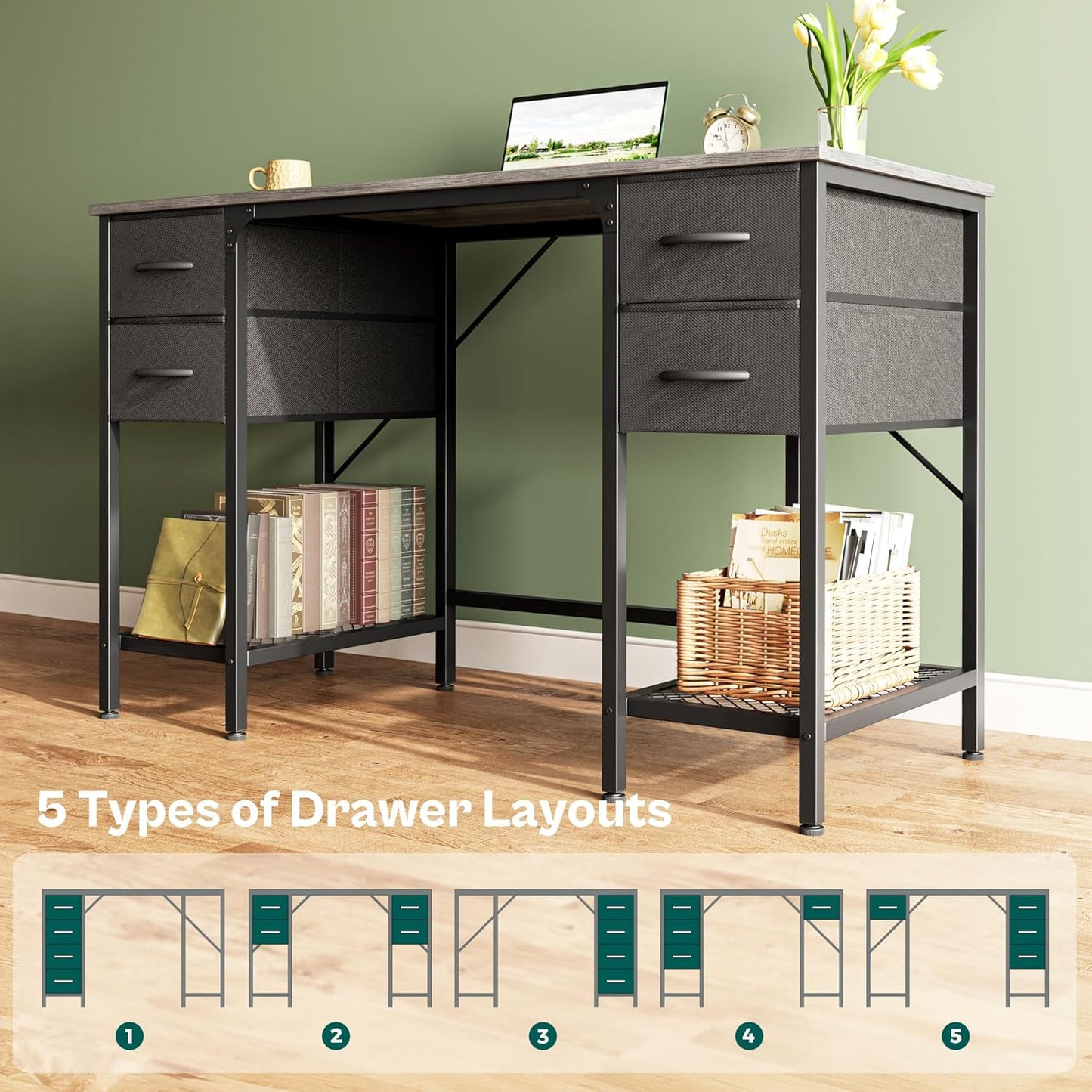 47-Inch Executive Computer Desk with Four Drawers and Mesh Shelf - Versatile Office and Gaming Workstation for Home, Study, and Bedroom, Grey