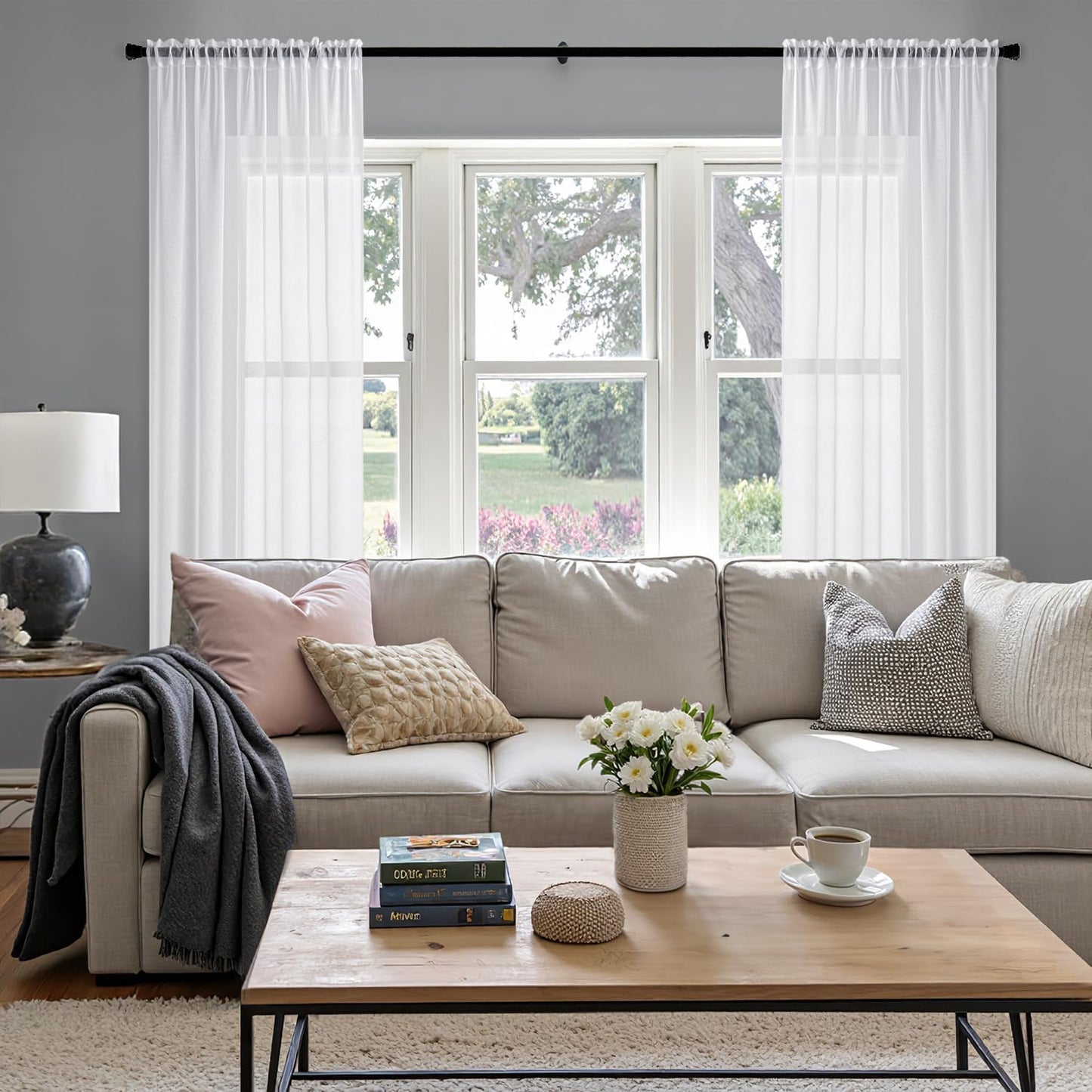 White Sheer Curtains Linen Textured 45 Inches Long 2 Panels for Bedroom Kitchen, Semi Transparent Farmhouse Rod Pocket Light Filtering Voile Window Drapes, W 42 X L 45 Inch Length