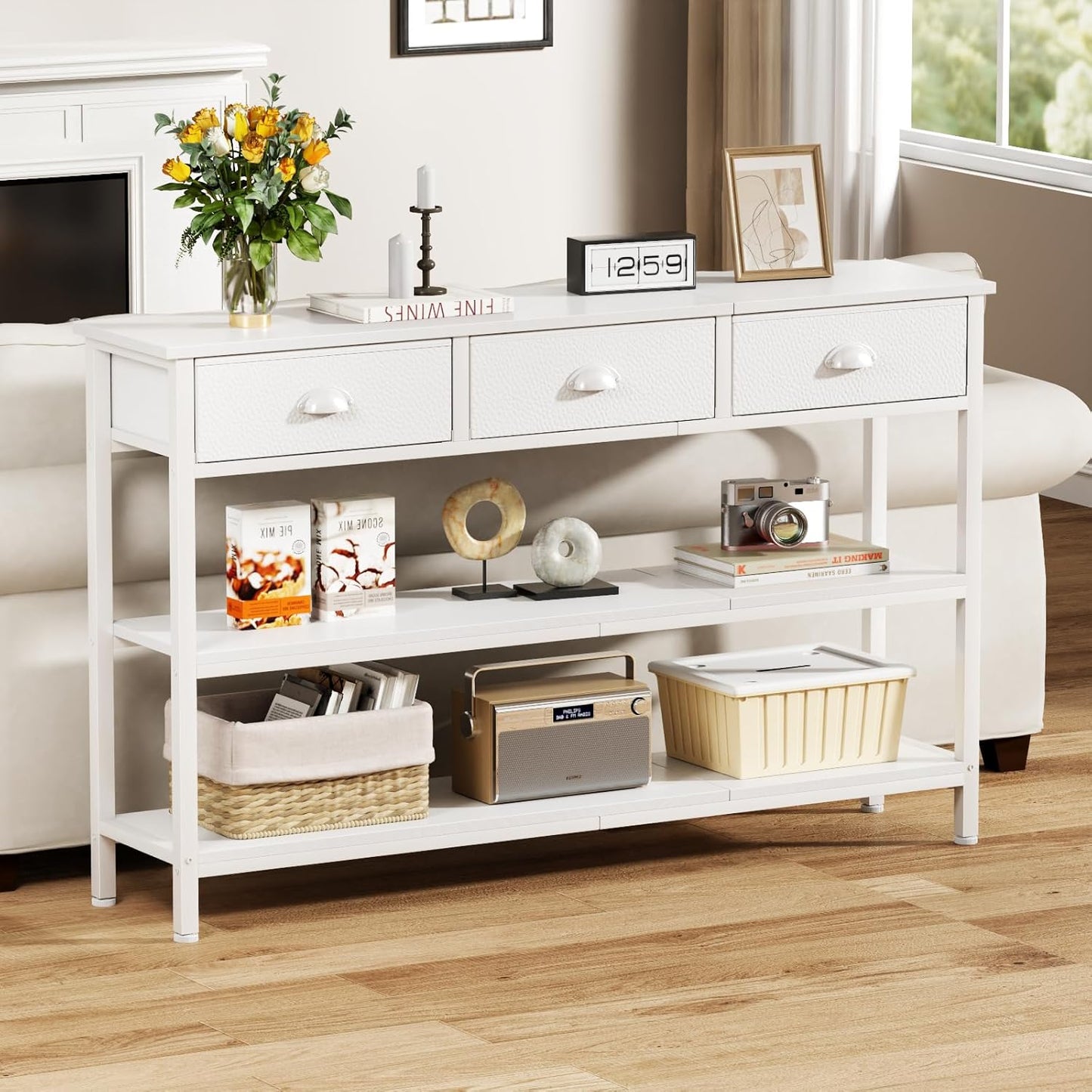 White Long 47" Console Sofa Table with 3 Drawers, Entryway Table with 3-Tier Storage Shelves, Display Shelf for Entry Way, Hallway, Couch, Living Room, Kitchen, Foyer