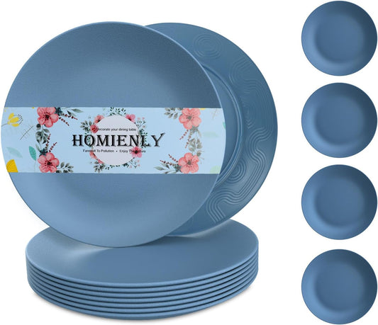 Set of 8 Unbreakable Wheat Straw Flat Dinner Plates - Microwave and Dishwasher Safe, Perfect for Camping and Salads (Blue, 10 Inch)