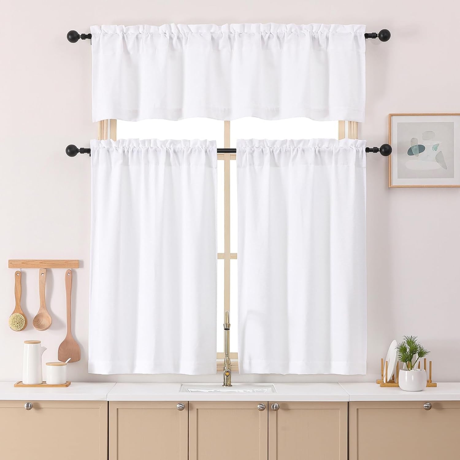 Chenille White Kitchen Curtains 36 Inch Length, Light Filtering Luxury Short Cafe Curtains, Velvet Rod Pocket Half Window Curtain for Bathroom Basement RV Camper, 30Wx36L Inch, 2PCS