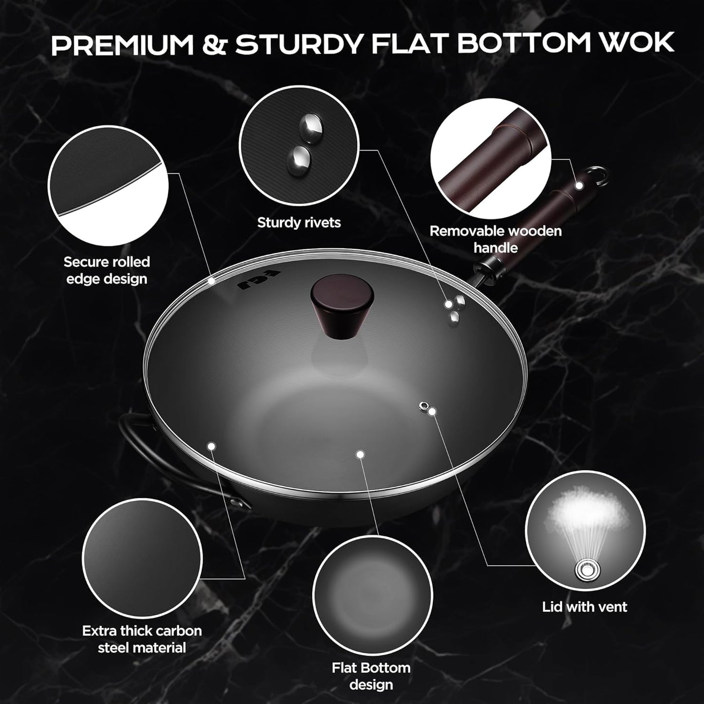 Wok, 13 Inch Carbon Steel Woks & Stir-Fry Pans Nonstick, Pre-Seasoned 5.8QT Flat Bottom Chinese Wok Pan with Lid, Carbon Steel Cookware, Compatible with All Cooktops