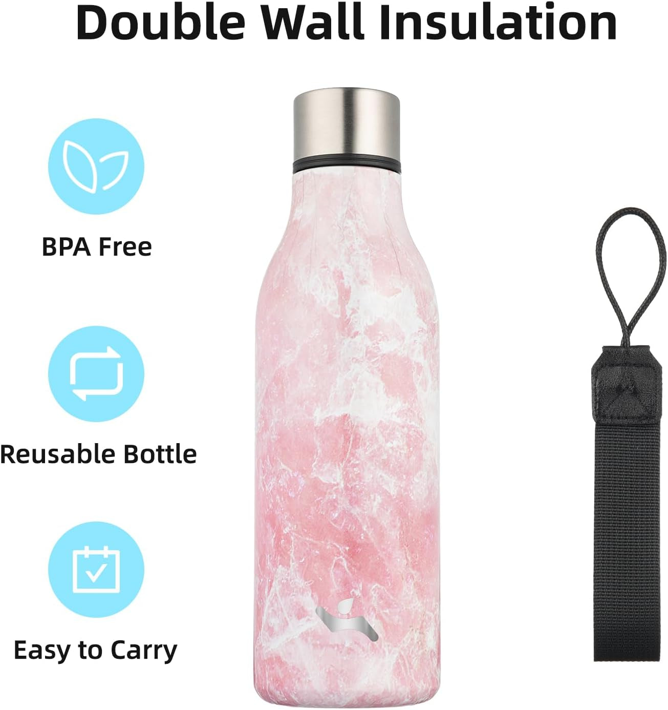 Insulated Water Bottle with Strap,18 Oz Double Wall Stainless Steel Vacuum Bottles Metal Water Flask,Blossom