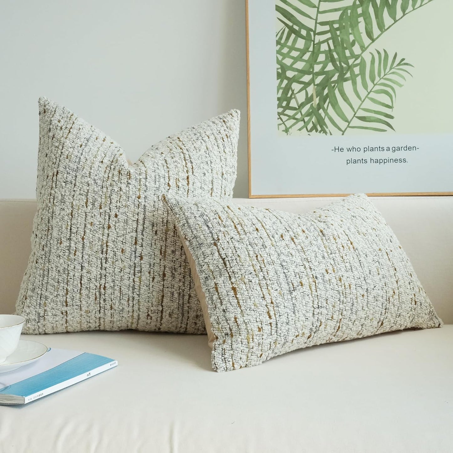 Pack of 2 Textured Bouclel Decorative Throw Pillow Covers Farmhouse Boho Home Decor Striped Corduroy Square Chenille Pillowcases 18 X 18 Inch Beige