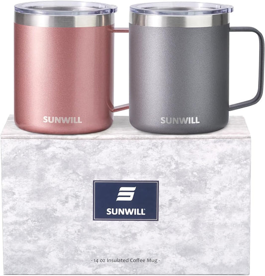 Travel Coffee Mug with Lid, Insulated Tumbler with Handle, 14 Oz Stainless Steel Cup Set of 2 for Camping, Outdoor, Cool Grey & Rose Gold 2 Pack