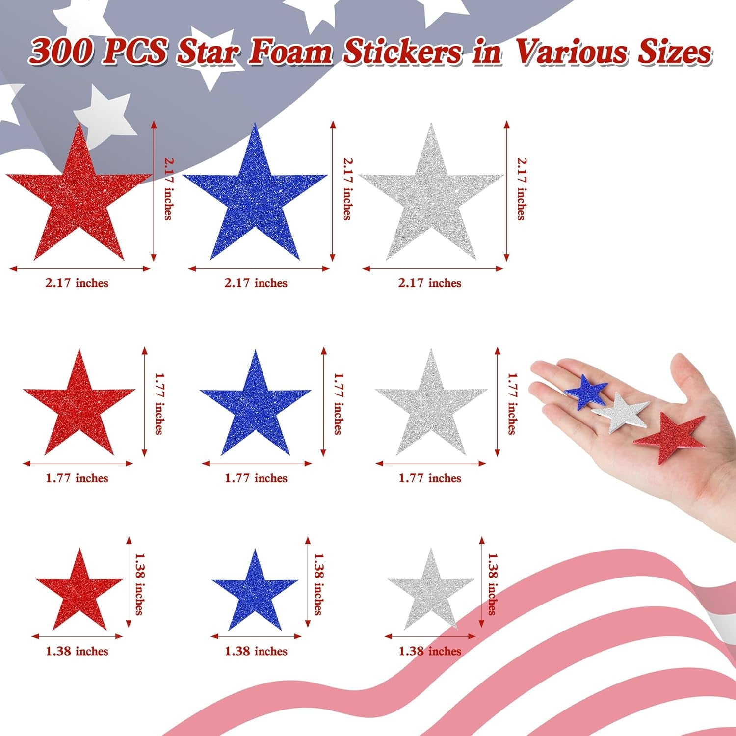 300 PCS 4Th of July Star Stickers, Red Silver and Blue Glitter Stickers, Patriotic Self Adhesive Foam Stickers for Fourth of July Parade Party Accessories Decor Memorial Day Arts Craft Supplies