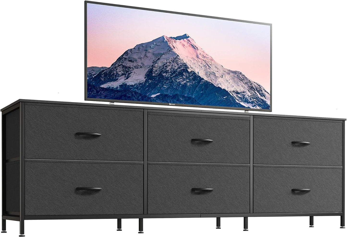 63-Inch Modern Dresser and TV Stand Combo, Suitable for 55 to 70 Inch TVs, 6-Drawer Storage Organizer with Fabric Drawers for Bedroom and Entryway, Black Finish