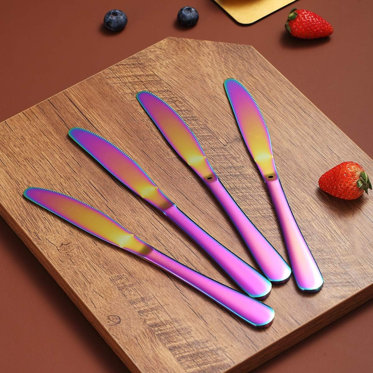Set of 4 Rainbow Stainless Steel Dinner Knives with Titanium Plating - Colorful and Durable Table Cutlery, Dishwasher Safe