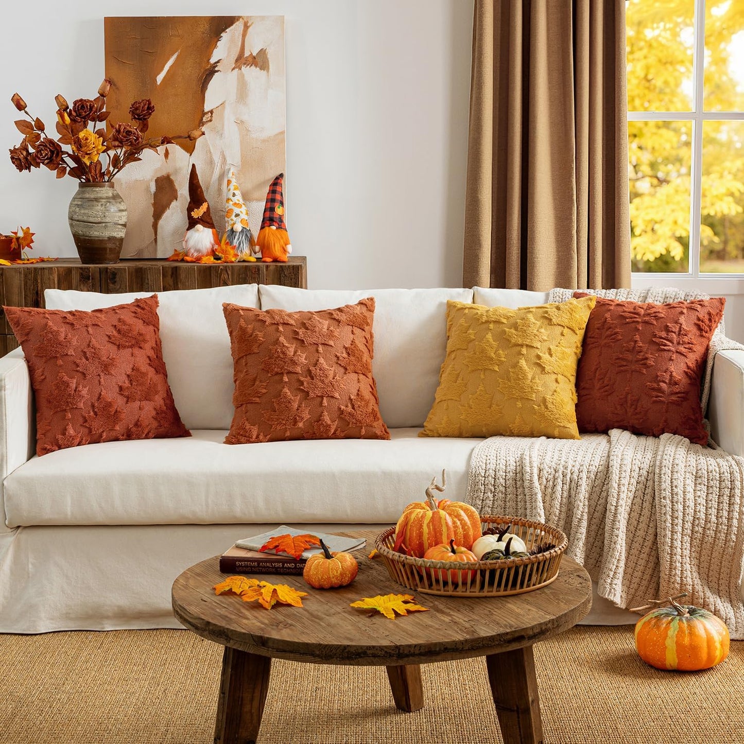Fall Autumn Throw Pillow Covers 18X18 Burnt Orange Set of 2 Thanksgiving Decorative Solid Maple Leaf Accent Pillow Cases Soft Plush Faux Wool for Home Decor Holiday Outdoor Porch Bedroom