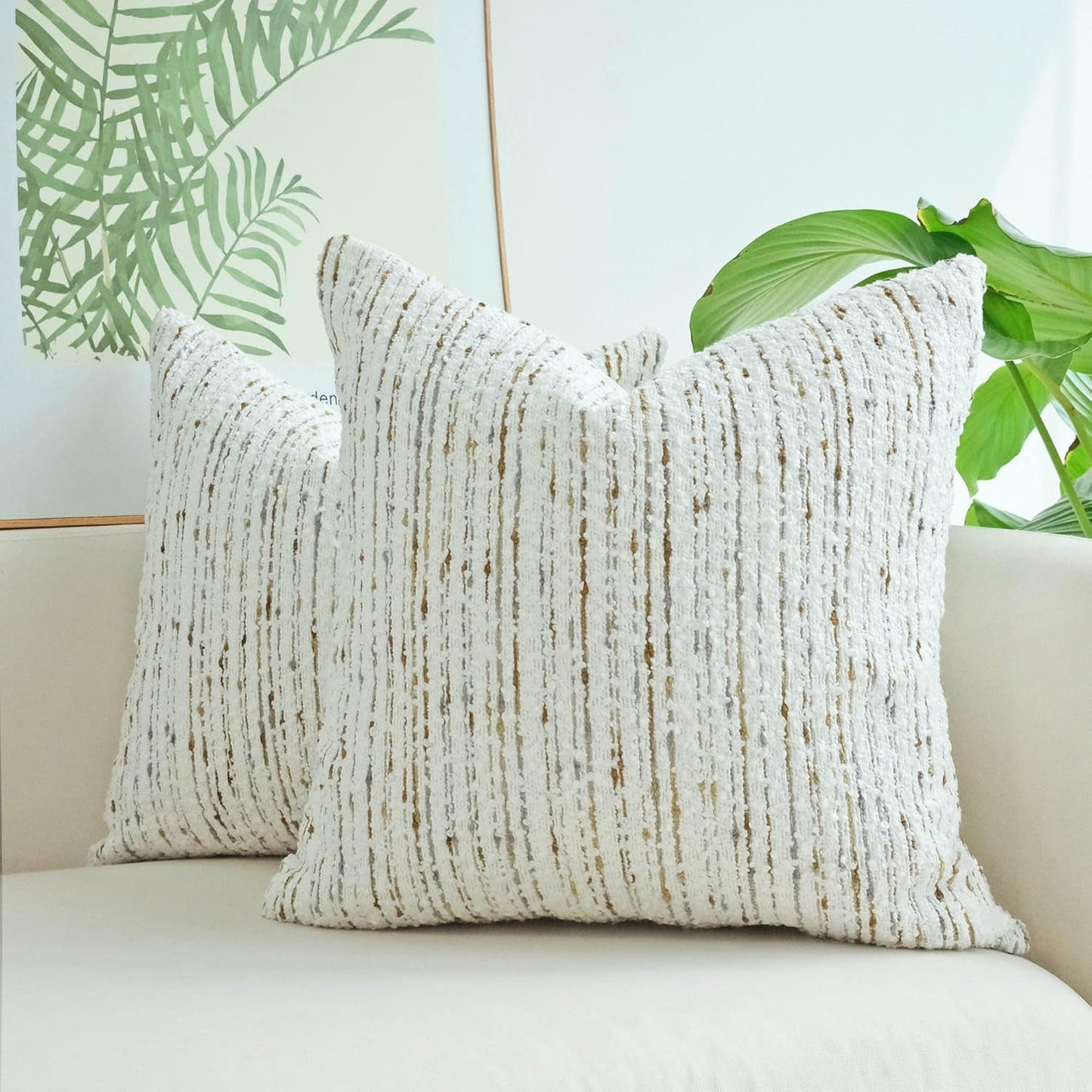 Pack of 2 Textured Boucle Decorative Throw Pillow Covers Farmhouse Boho Home Decor Striped Corduroy Square Chenille Pillowcases 18 X 18 Inch White