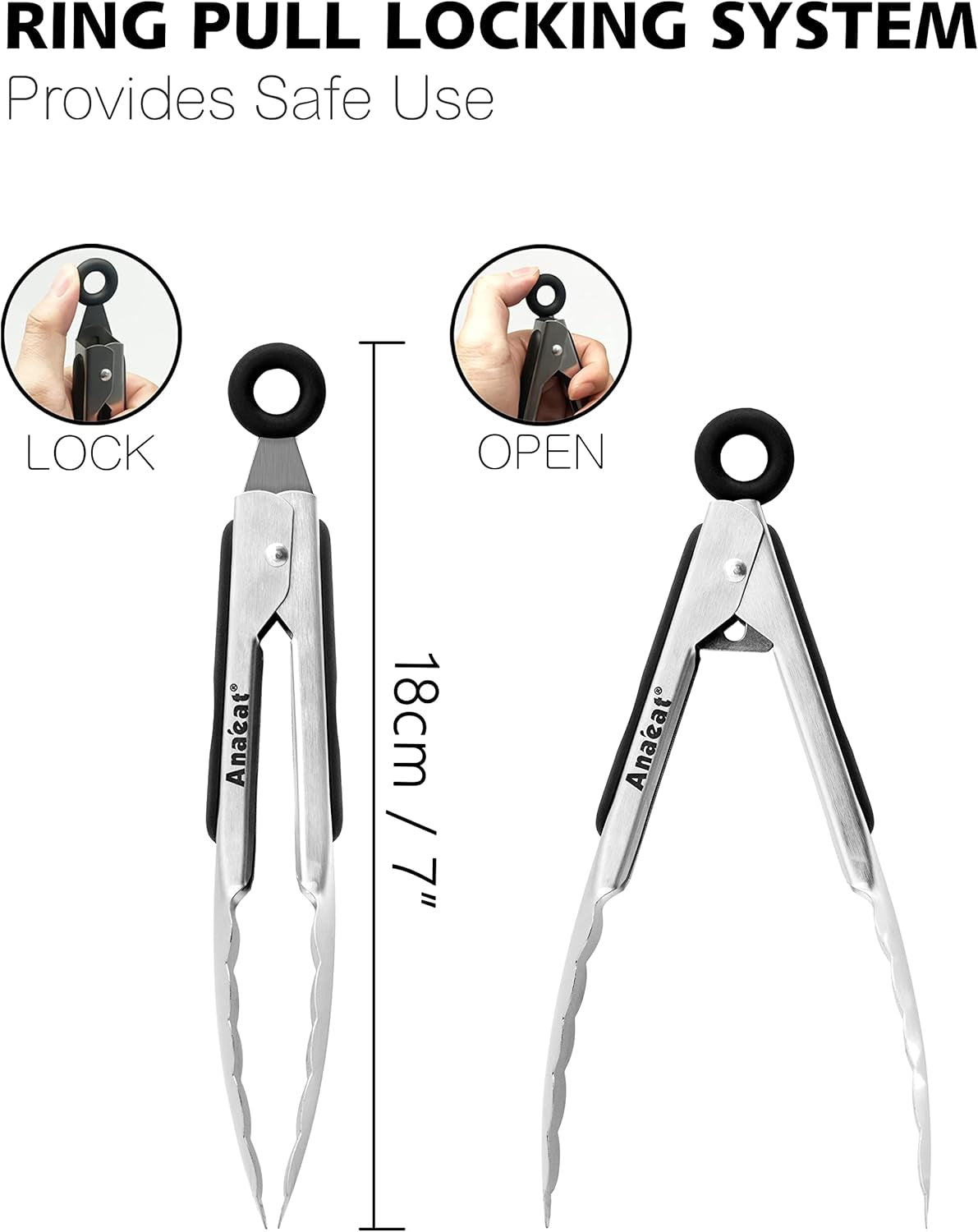 7" Mini Cooking Tong Stainless Steel - Sturdy Coiled Spring Locking Kitchen Food Tong with Non-Slip Silicone Grip for Serving, Cooking, Baking - Heat Resistant up to 480°F (Black)