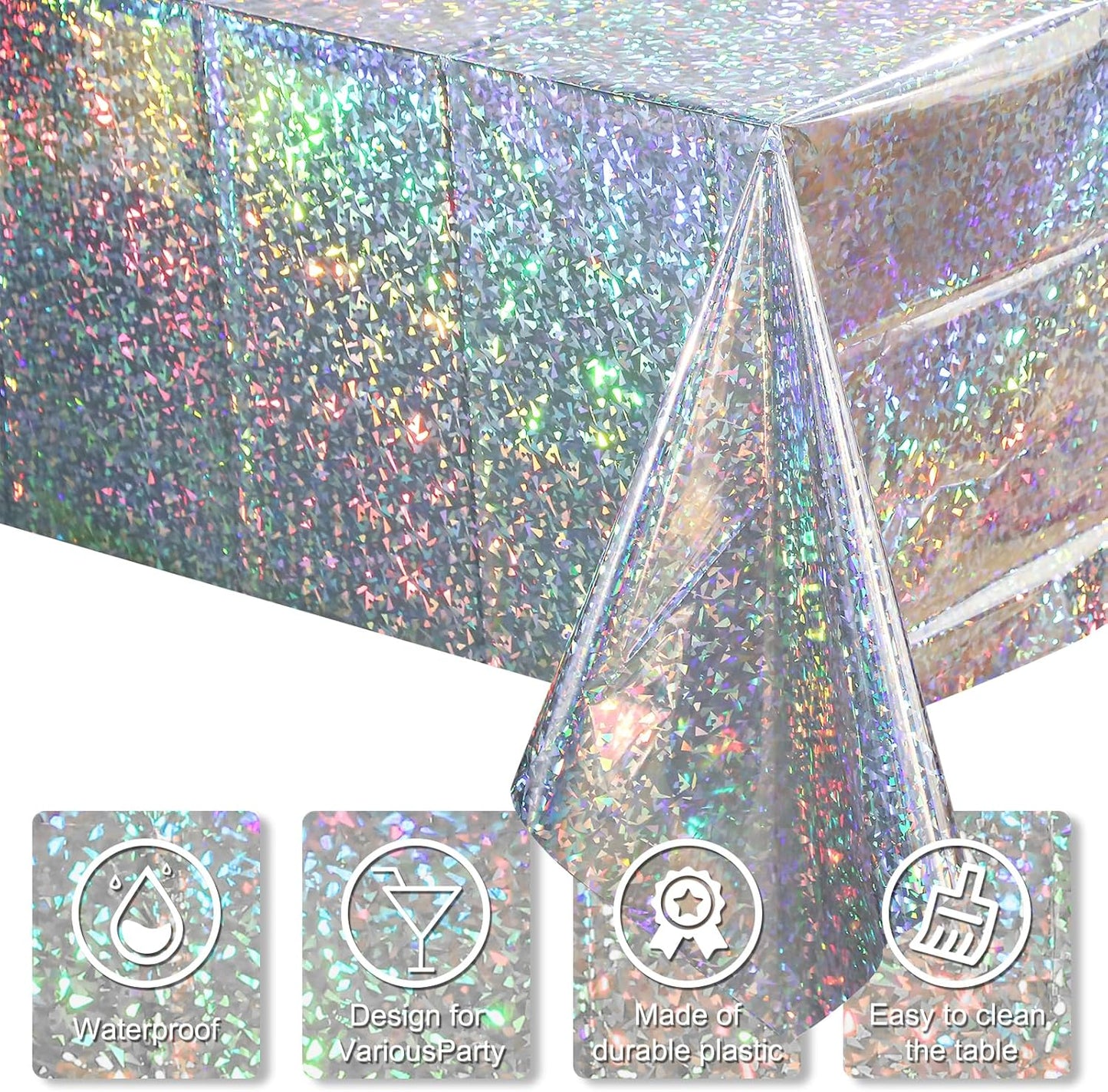 3 Pack New Iridescent Silver Tablecloth Party Decorations, Holographic Silver Glitter Plastic Tablecloth, Disposable Laser Rectangle Table Cover for Disco Birthday 70S Theme Party Decorations, 54X108"