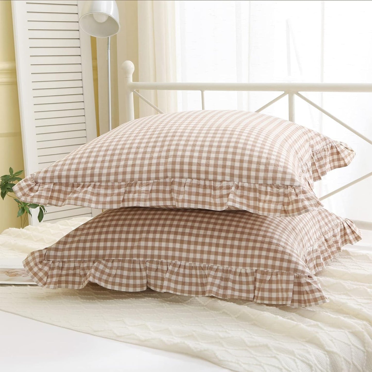 Set of 2 Taupe and White Plaid Ruffle Square Euro Pillow Shams - 100% Washed Cotton Gingham in Camel Brown for Fall Decor - 26'' x 26