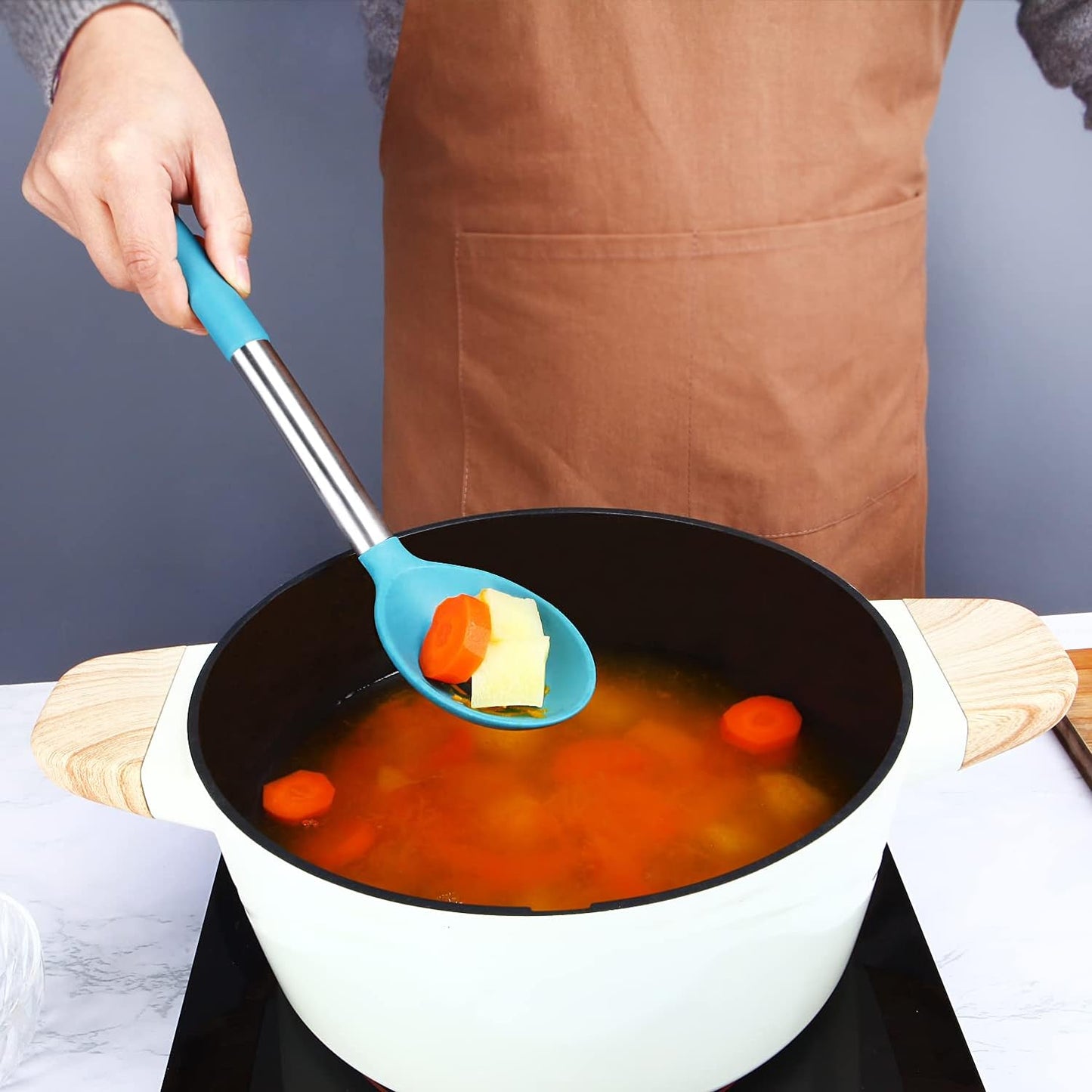 Pack of 2 Large Silicone Slotted Spoon Kitchen Skimmer with High Heat Resistant BPA Free Non Stick Cooking Ladle Strainers for Draining and Frying (Gray-Blue)