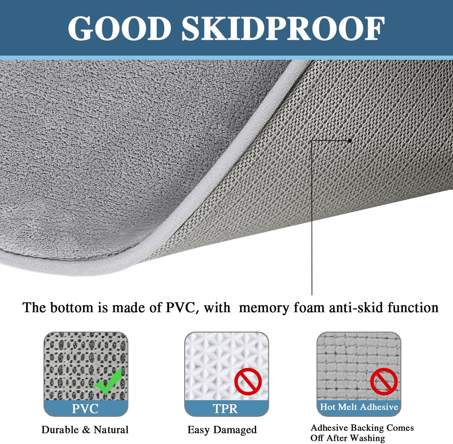 Bath Mat Memory Foam Set Bathroom Rug Set Flannel Velvety Bath Mat Luxury Extra Soft and Absorbent Non Slip Rugs for Bathroom/Bedroom Washable(2 Pack- 20"X 32"/ 17"X 24", Grey)