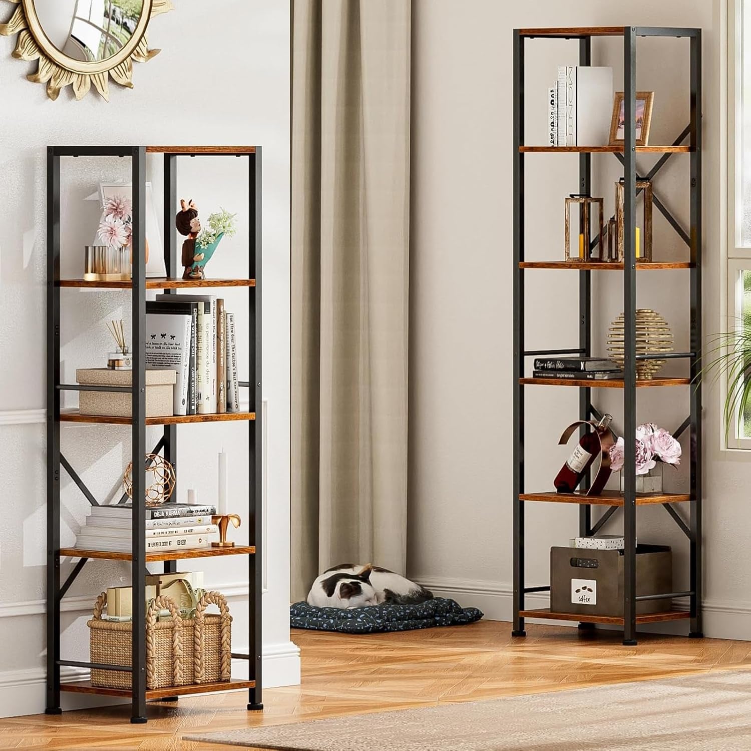 6 Tier Tall Bookshelf, Industrial Narrow Bookcase, Display Standing Shelf Units, Metal and Wood Storage Rack Organizer for Living Room, Home Office, Entryway, Kitchen, Rustic Brown