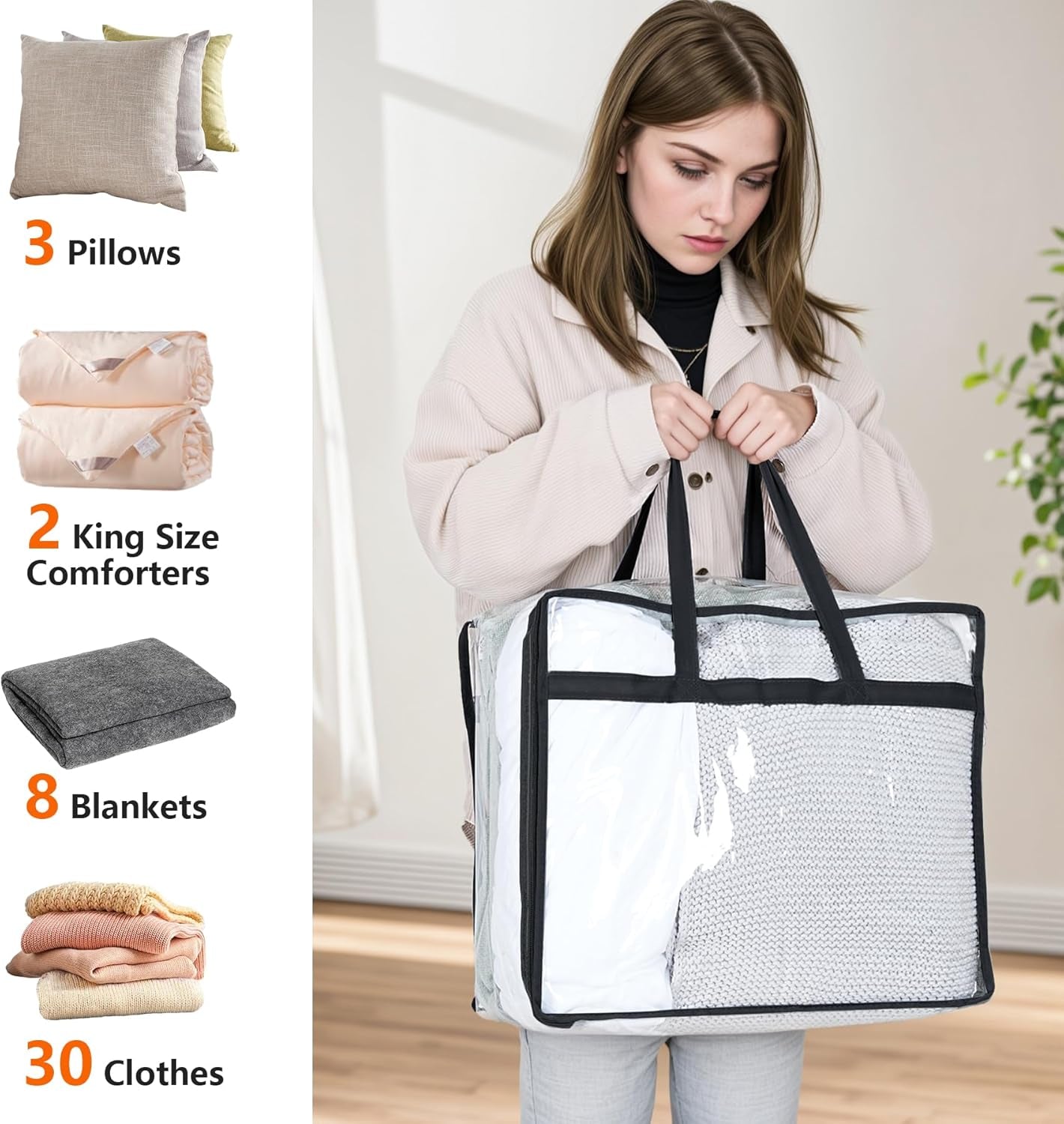 Clear Zippered Storage Bags for Clothes,40L Closet Organizers and Storage Containers Vinyl Moving Bag for Bedding, Linen, Blankets, Comforters, Clothing & Toys, Black, 2 Pack