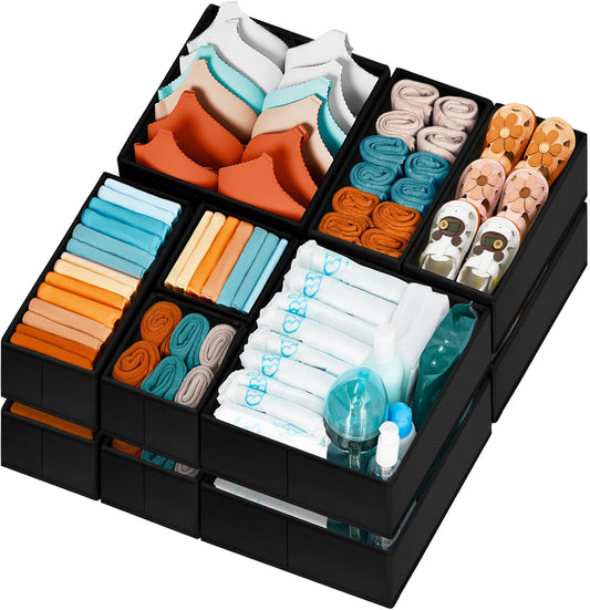 Drawer Organizer Clothes 12 Pack - Dresser Organizer Bins for Closet, Bedroom, Nursery Organization and Storage - Divider for Sock, Underwear, Bra, Baby Clothes, Small Toys