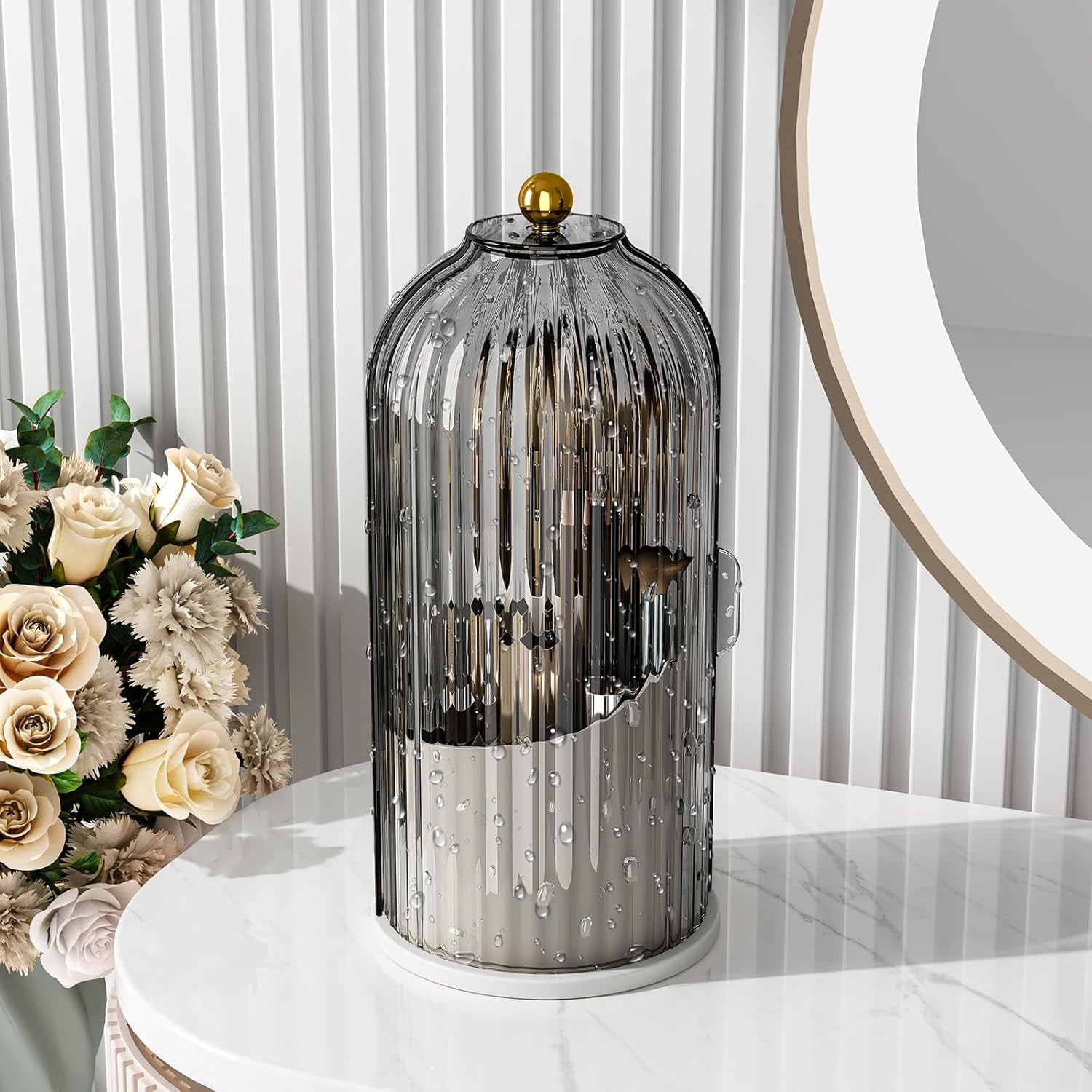 Makeup Brush Holder with Lid Cosmetic Tools Organizer 360 Rotating Waterproof Dustproof Makeup Brushes Storage for Vanity, Grey