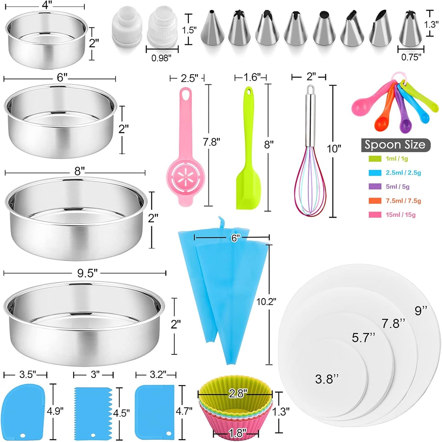 153Pcs Cake Baking Pan Set Decorating Supplies Kit, Stainless Steel 4/6/8/9.5 Inch Cake Pans with Icing Tips Tools, Parchment Papers, Whisk, Egg Separator, Muffin Cups, Measuring Spoon
