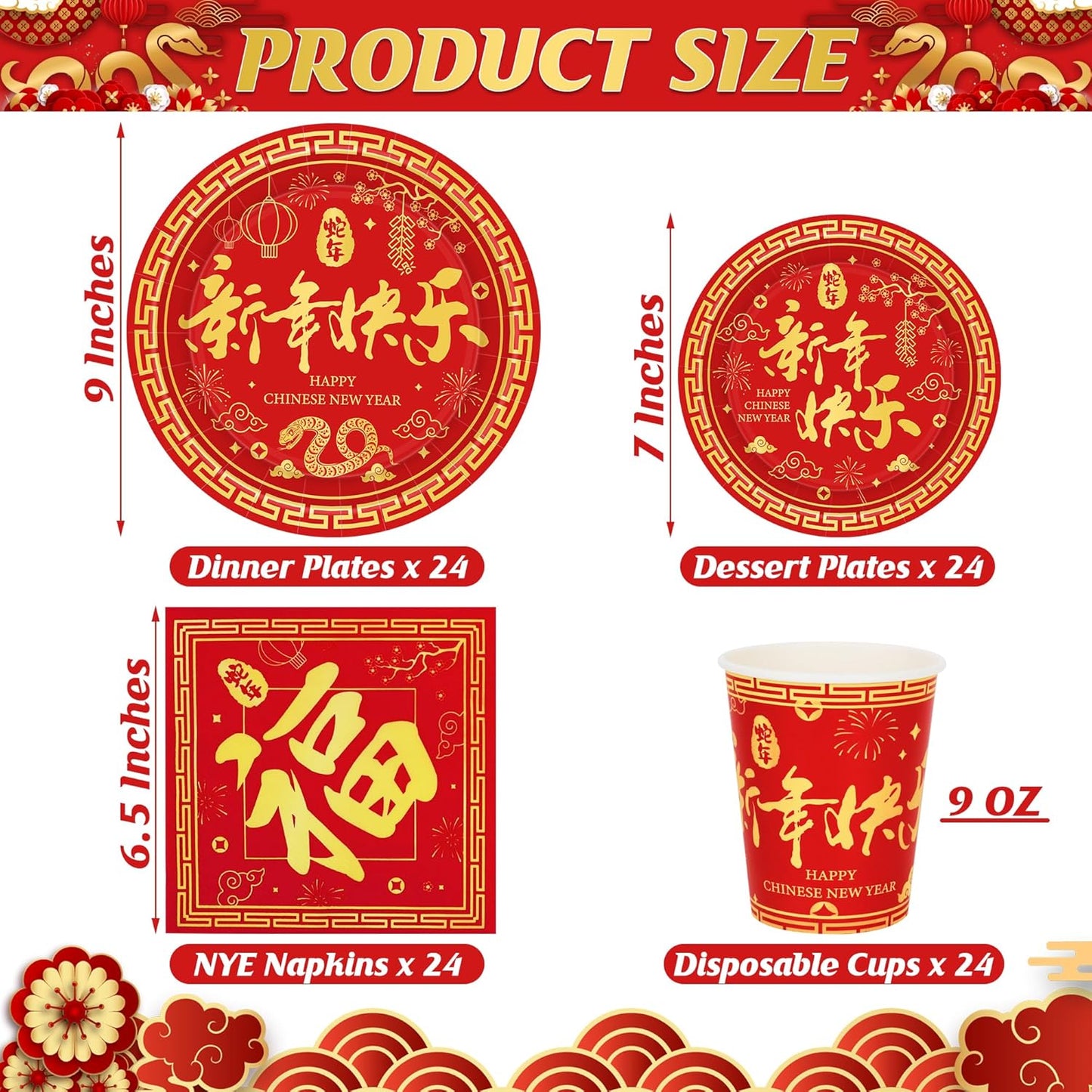 96 PCS Chinese New Year Decorations 2025, 24 SET Disposable Plates, Napkins, Cups & Paper Plates, Year of the Snake 2025 Lunar New Year Party Supplies