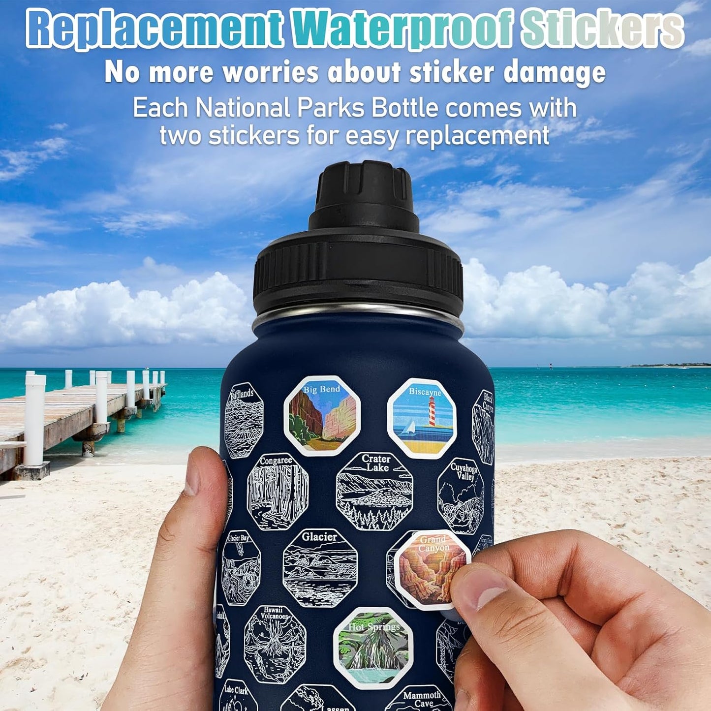 National Parks Water Bottle with Stickers,32 Oz Stainless Steel Insulated Water Bottle with Straw,2 Lids,Leak Proof Metal Water Cup for Hiking,Travel,Sports,Camping,Wide Mouth Bottle