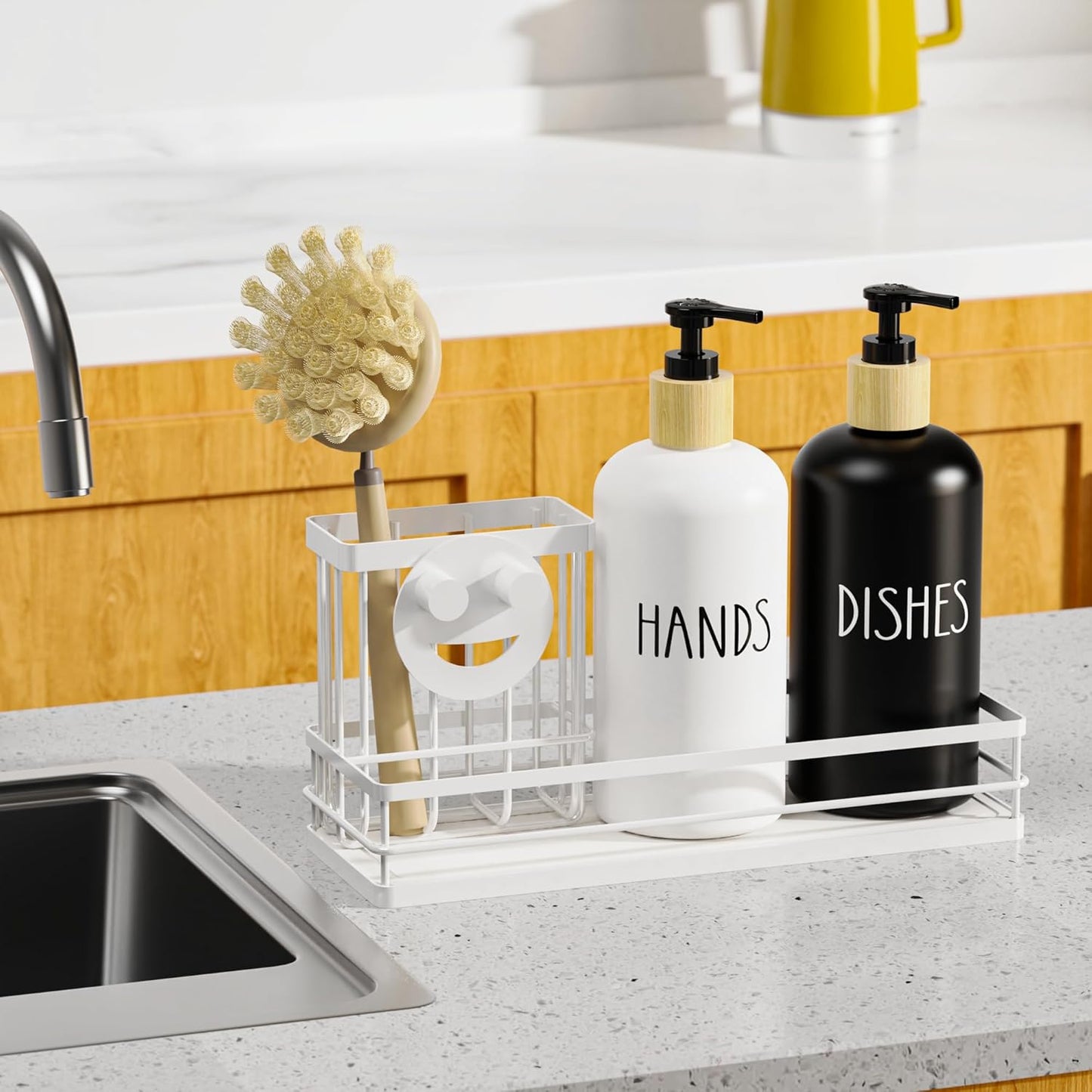 Kitchen Dish Soap Dispenser Set, 16OZ Glass Bottle, Hand and Dish Soap Dispenser Set, Instant Dry Tray, Non-Slip Silicone Pad, Brush Holder with Smiley Face Sponge Holder, Kitchen Decor