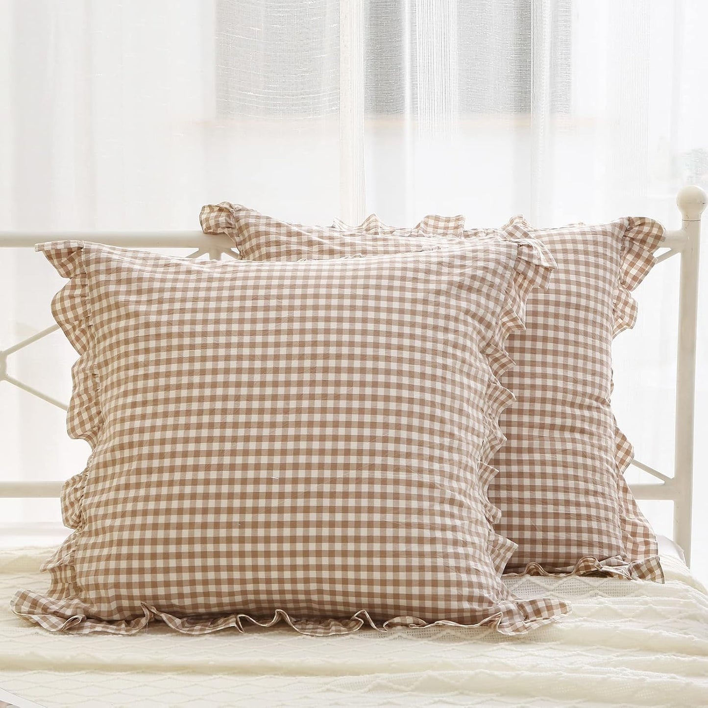 Set of 2 Taupe and White Plaid Ruffle Square Euro Pillow Shams - 100% Washed Cotton Gingham in Camel Brown for Fall Decor - 26'' x 26
