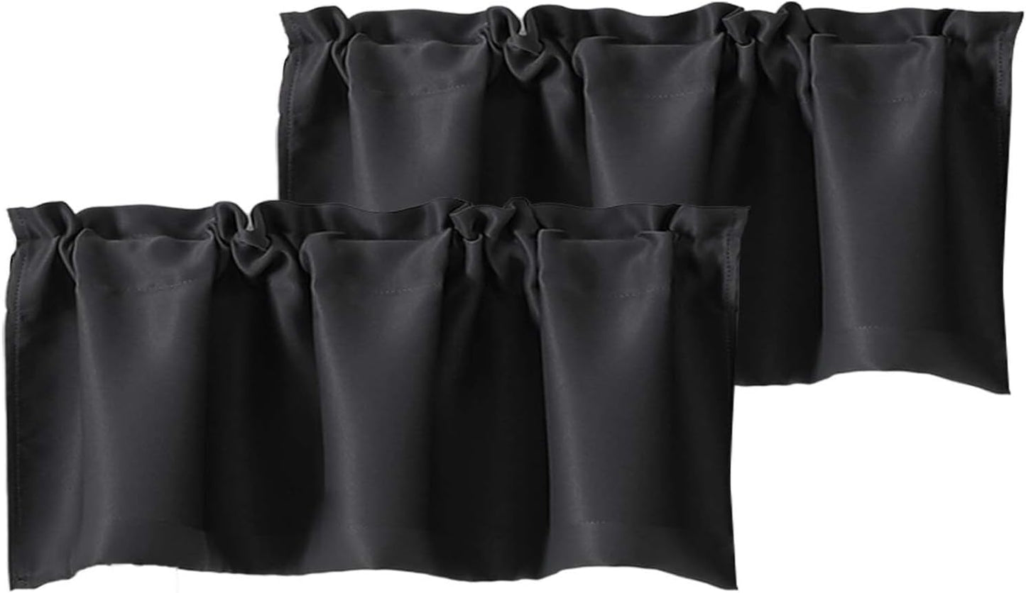 Black Valances for Window, Room Darkening Short Curtains for Kitchen Bedroom Living Room, Rod Pocket Top Small Window Treatment Valance RV Bunk Panels, 40" Wx14 L, 2 Pieces