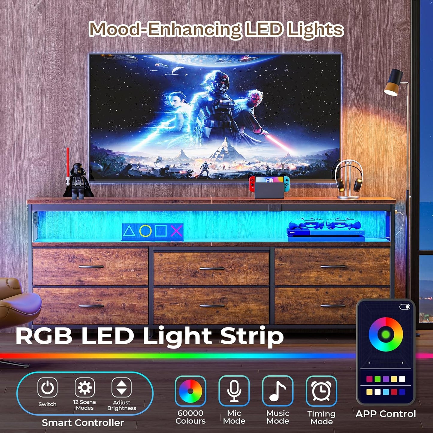 63-Inch TV Stand for 55 to 70 Inch TVs, Rustic Entertainment Center with Power Outlets and Fabric Drawer Storage for Bedroom and Living Room