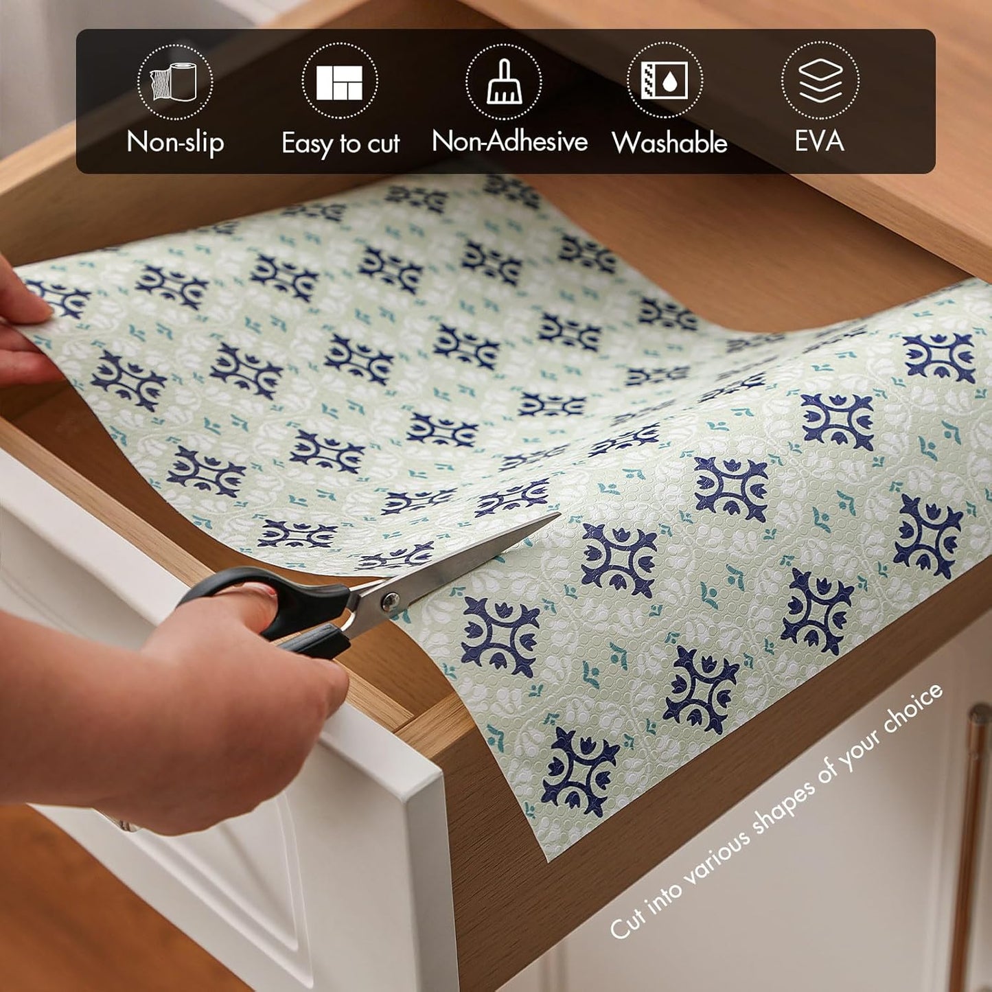 Shelf and Drawer Liners for Kitchen Cabinets, Non-Adhesive Cabinet Liners, EVA Waterproof Durable Shelf Paper for Refrigerator, Shelves, Cupboard with European Pattern, Easy to Cut