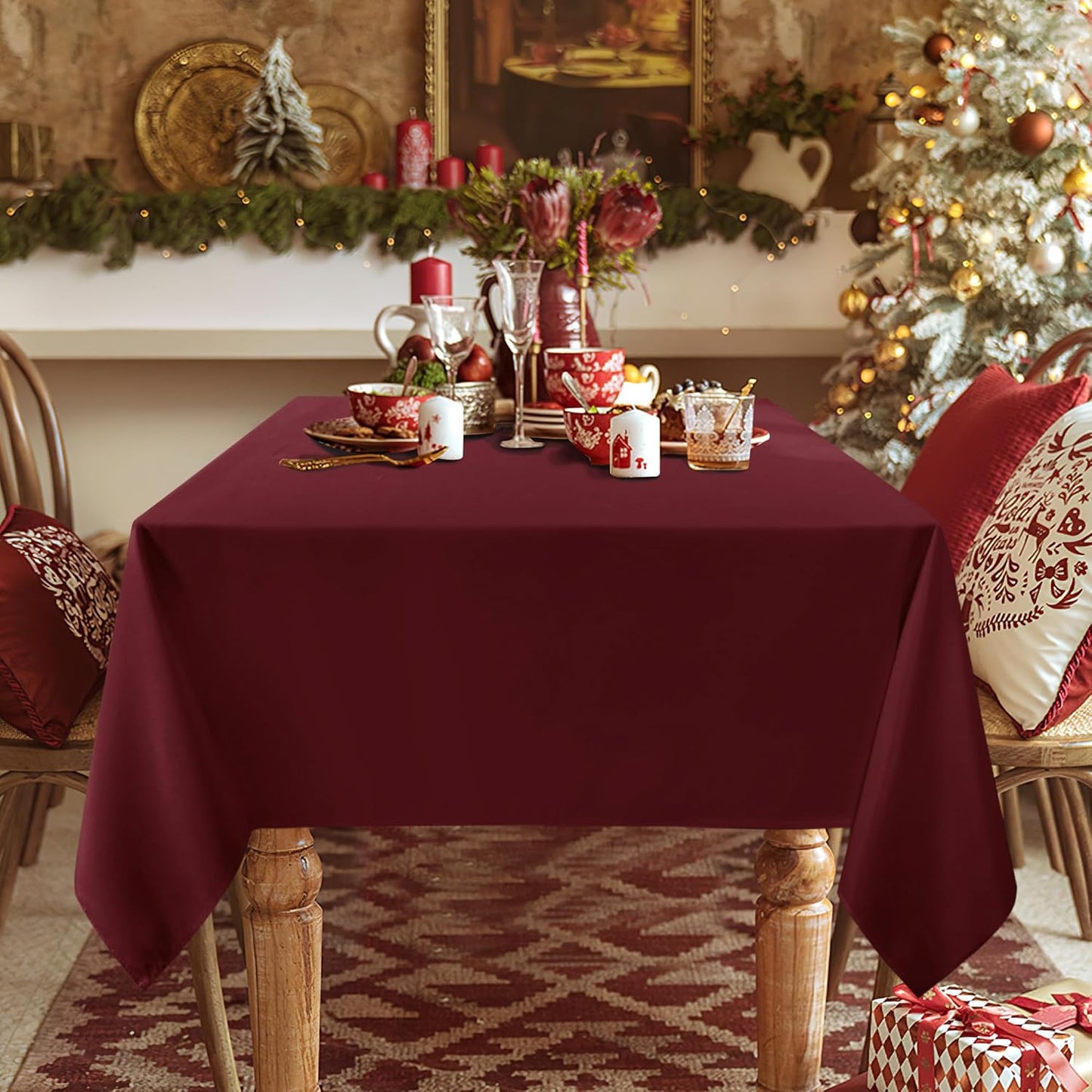 2 Pack Burgundy Tablecloth 60 X 102 Inch, Rectangle 6 Feet Table Cloth - Stain and Wrinkle Resistant Washable Polyester Table Cover for Dining Tables, Buffet Parties and Camping