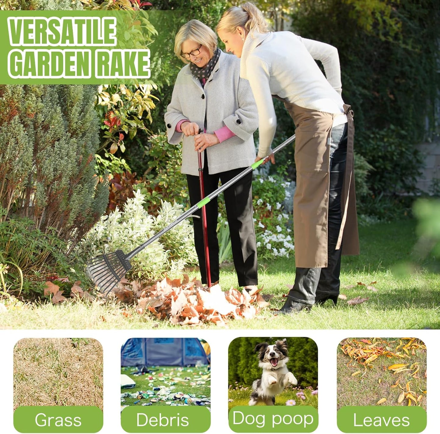 Small Leaf Rake, 8.5 Inch Wide Head with 11 Tines, Metal Garden Rake with Adjustable Handle 38.5 to 65 Inch for Gardening, Leaves, Weeds, Debris