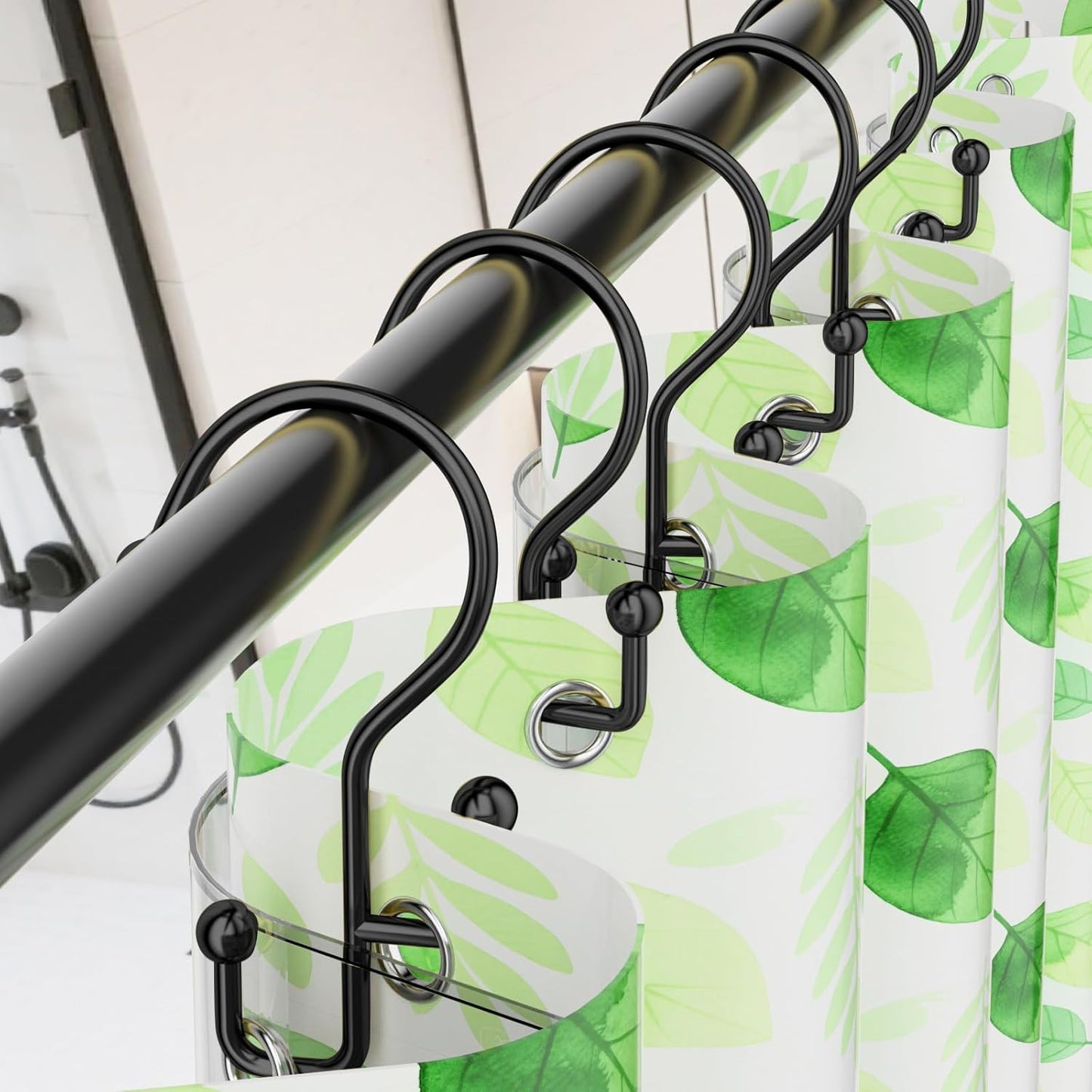 Shower Curtain Hooks, Black Shower Curtain Hooks Rust Proof, Anti-Drop Metal Shower Curtain Rings Hooks, Double Shower Hooks for Shower Curtain, Shower Rings for Curtain & Liner, Black-12 Pcs