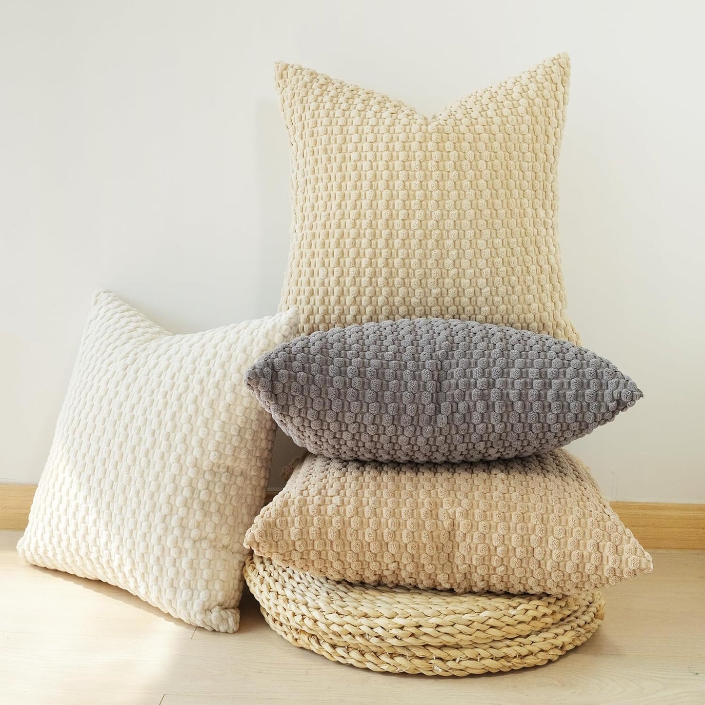 Pack of 4 Neutral Decorative Throw Pillow Covers Farmhouse Boho Home Decor Striped Corduroy Square Pillowcases 18 X 18 Inch