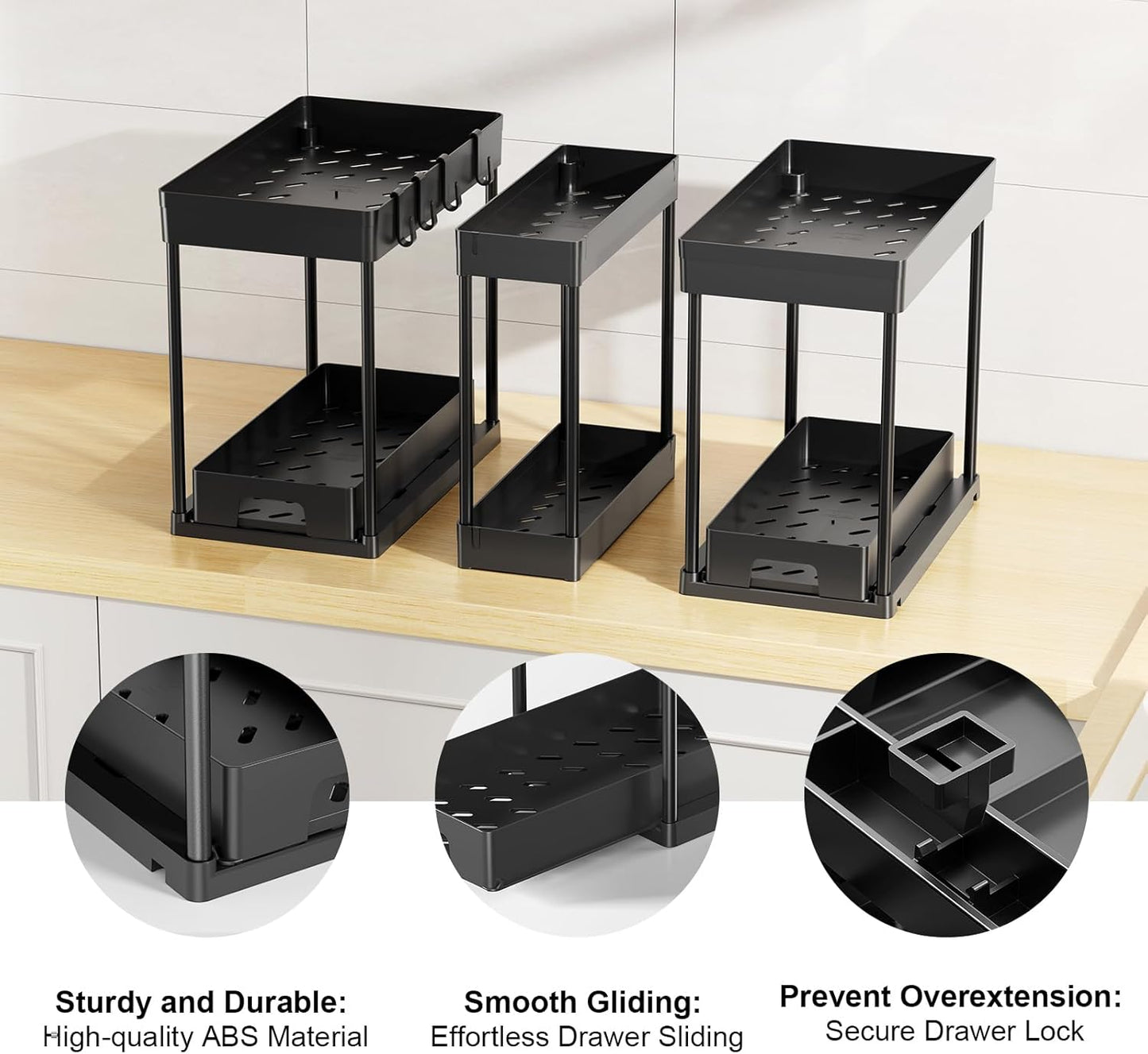 3 Pack under Sink Organizers and Storage, 2 Tier Black Bathroom Cabinet Organizer, Multi-Use Kitchen Bathroom Organizers and Storage, under Counter Organizer with Hooks