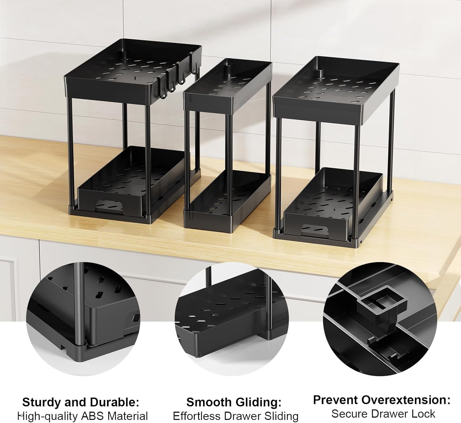 3 Pack under Sink Organizers and Storage, 2 Tier Black Bathroom Cabinet Organizer, Multi-Use Kitchen Bathroom Organizers and Storage, under Counter Organizer with Hooks