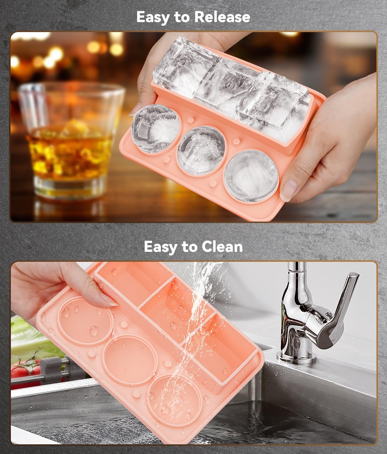 Ice Cube Tray with Lid, Silicone Ice Molds with Round, Square, Diamond, Rose, Large Ice Cube Mold for Whiskey, Bourbon, Cocktails, Easy Release BPA Free, Set of 2