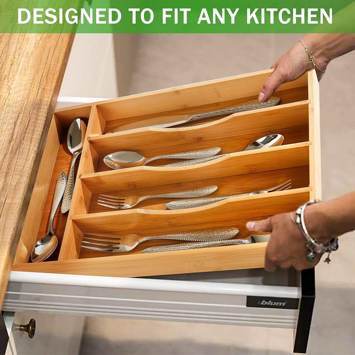 Silverware Organizer 10 in Utensil Organizer Silverware Tray for Drawer Cutlery Flatware Organizer for Kitchen Bamboo Wood