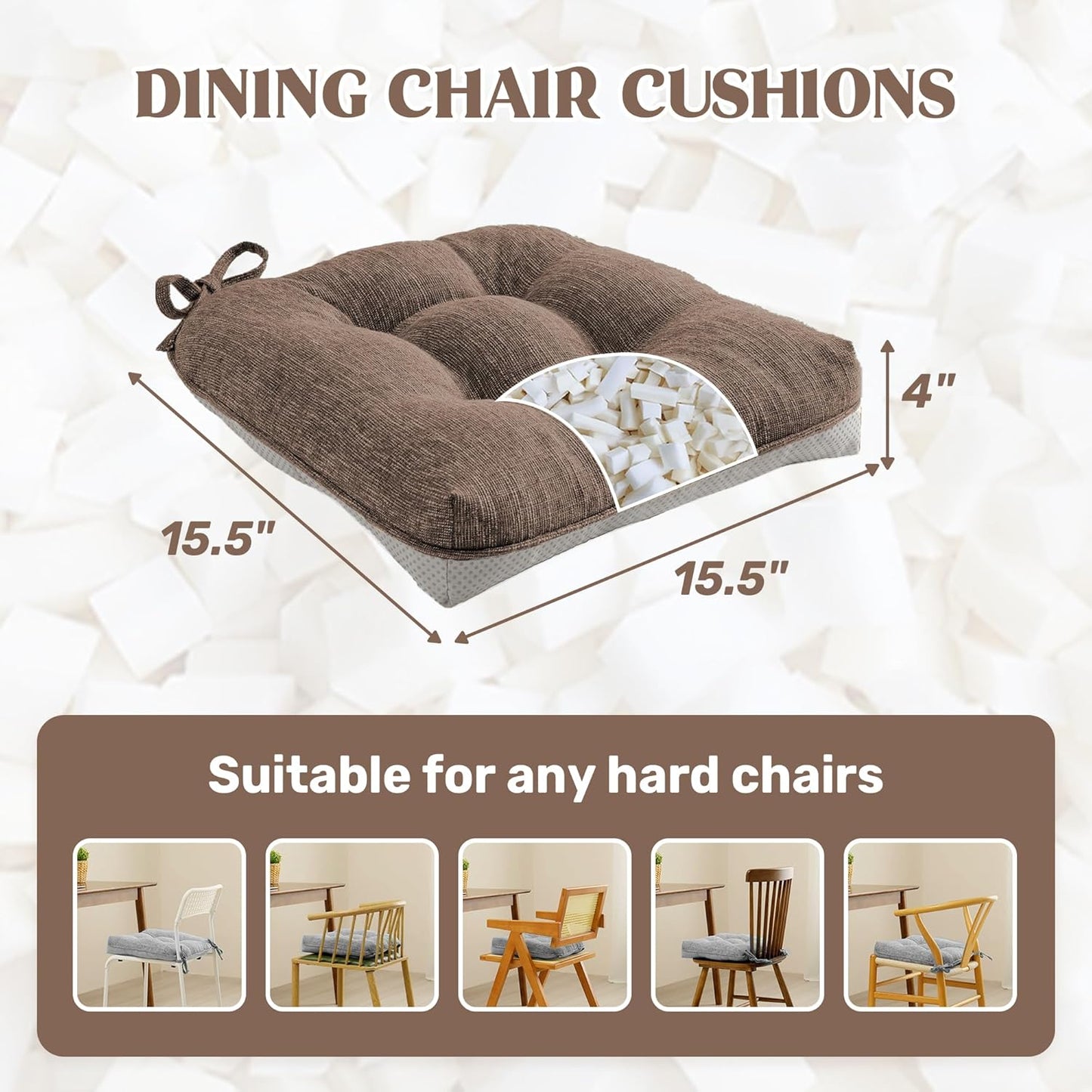 ® Chair Cushions for Dining Chairs, Tufted Memory Foam Chair Pads with Non-Slip Backing, Kitchen Seat Cushions with Ties, Washable Seat Pad Set of 4, 15.5" X 15.5" X 4", Coffee